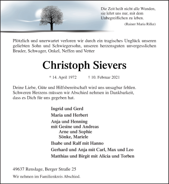 Traueranzeige von Christoph Sievers von Neue Osnabrücker Zeitung GmbH & Co. KG