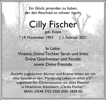 Traueranzeige von Cilly Fischer von Neue Osnabrücker Zeitung GmbH & Co. KG