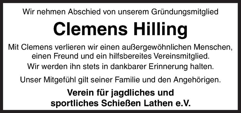  Traueranzeige für Clemens Hilling vom 24.02.2021 aus Neue Osnabrücker Zeitung GmbH & Co. KG