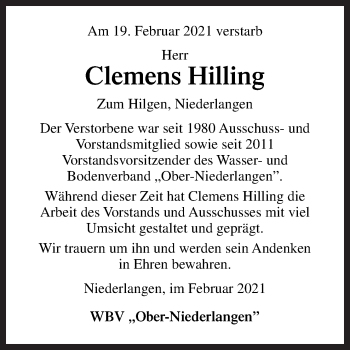 Traueranzeige von Clemens Hilling von Neue Osnabrücker Zeitung GmbH & Co. KG