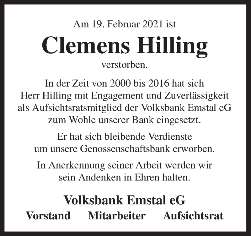  Traueranzeige für Clemens Hilling vom 23.02.2021 aus Neue Osnabrücker Zeitung GmbH & Co. KG