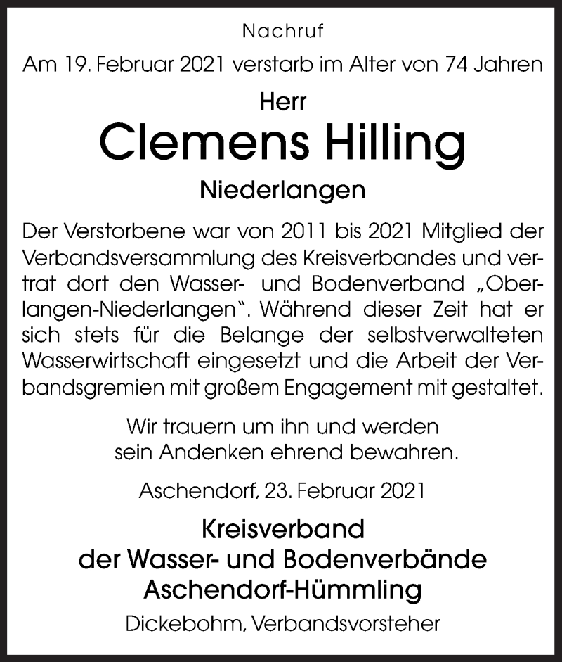  Traueranzeige für Clemens Hilling vom 24.02.2021 aus Neue Osnabrücker Zeitung GmbH & Co. KG