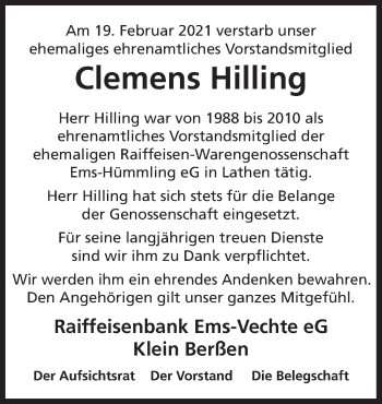 Traueranzeige von Clemens Hilling von Neue Osnabrücker Zeitung GmbH & Co. KG