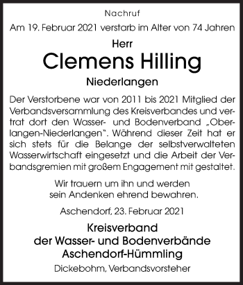 Traueranzeige von Clemens Hilling von Neue Osnabrücker Zeitung GmbH & Co. KG