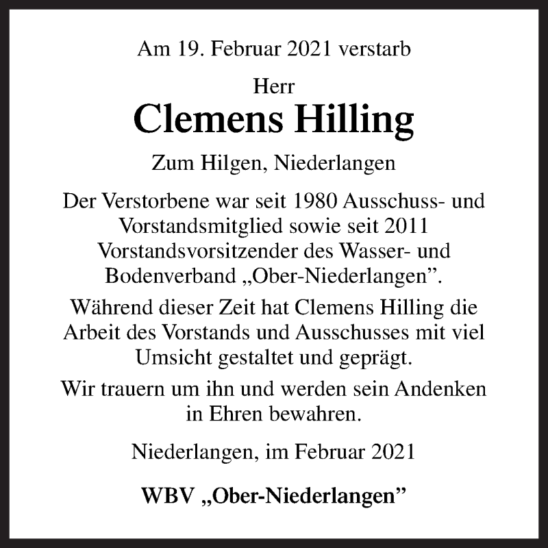  Traueranzeige für Clemens Hilling vom 25.02.2021 aus Neue Osnabrücker Zeitung GmbH & Co. KG