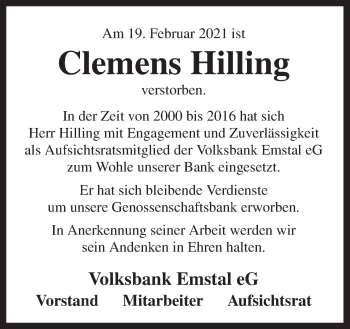 Traueranzeige von Clemens Hilling von Neue Osnabrücker Zeitung GmbH & Co. KG