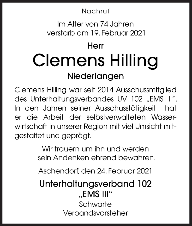  Traueranzeige für Clemens Hilling vom 25.02.2021 aus Neue Osnabrücker Zeitung GmbH & Co. KG