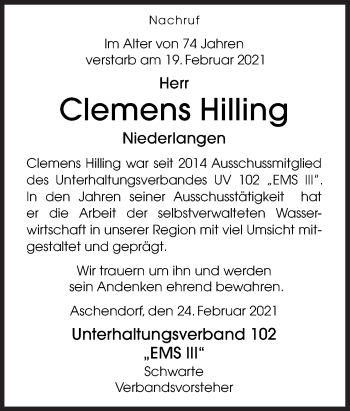 Traueranzeige von Clemens Hilling von Neue Osnabrücker Zeitung GmbH & Co. KG