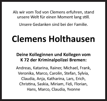 Traueranzeige von Clemens Holthausen von Neue Osnabrücker Zeitung GmbH & Co. KG