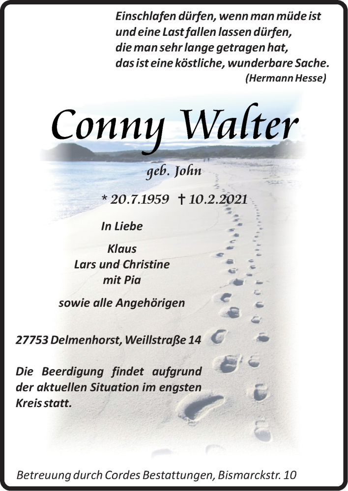  Traueranzeige für Conny Walter vom 13.02.2021 aus Neue Osnabrücker Zeitung GmbH & Co. KG