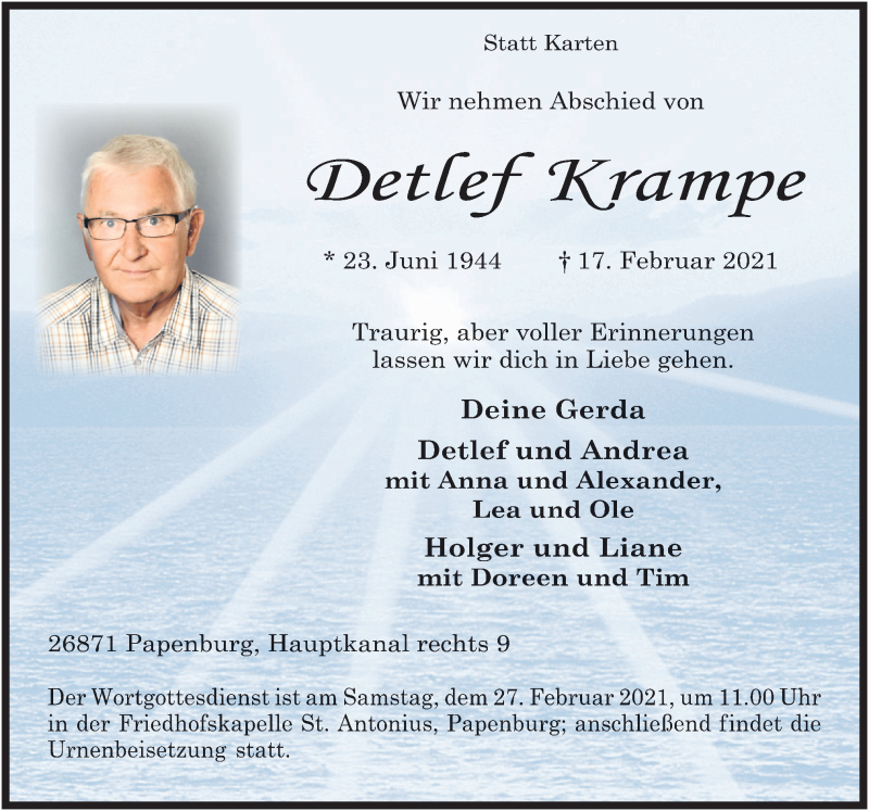  Traueranzeige für Detlef Krampe vom 20.02.2021 aus Neue Osnabrücker Zeitung GmbH & Co. KG