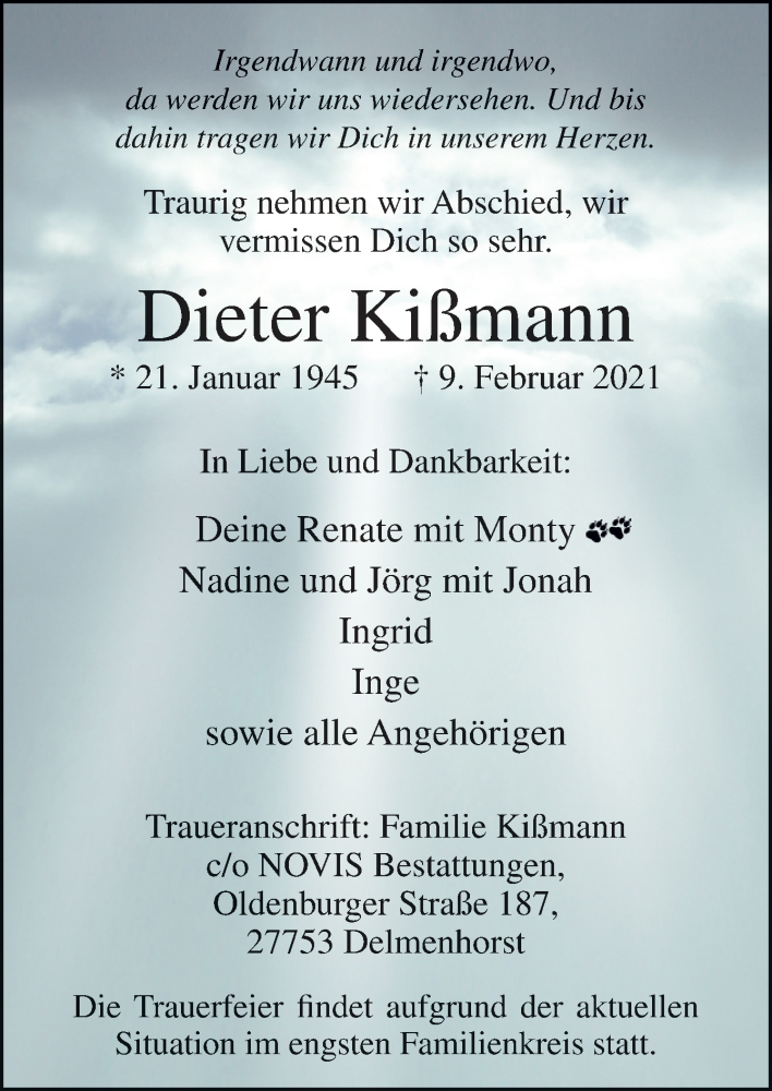  Traueranzeige für Dieter Kißmann vom 20.02.2021 aus Neue Osnabrücker Zeitung GmbH & Co. KG