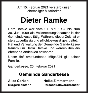 Traueranzeige von Dieter Ramke von Neue Osnabrücker Zeitung GmbH & Co. KG