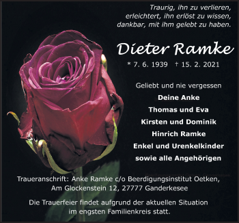 Traueranzeige von Dieter Ramke von Neue Osnabrücker Zeitung GmbH & Co. KG