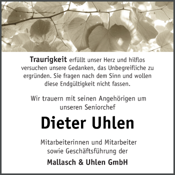 Traueranzeige von Dieter Uhlen von Neue Osnabrücker Zeitung GmbH & Co. KG