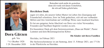 Traueranzeige von Dora Gärzen von Neue Osnabrücker Zeitung GmbH & Co. KG