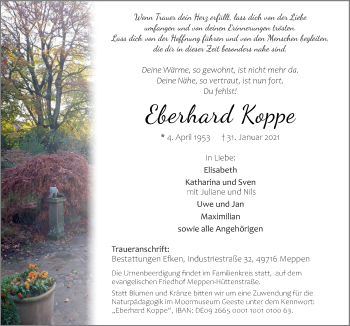 Traueranzeige von Eberhard Koppe von Neue Osnabrücker Zeitung GmbH & Co. KG