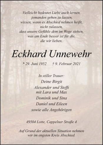 Traueranzeige von Eckhard Unnewehr von Neue Osnabrücker Zeitung GmbH & Co. KG