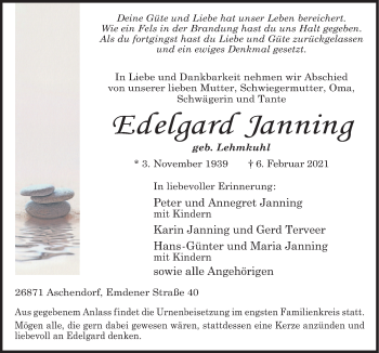 Traueranzeige von Edelgard Janning von Neue Osnabrücker Zeitung GmbH & Co. KG