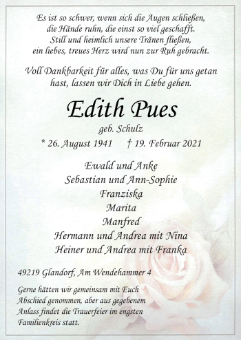 Traueranzeige von Edith Pues von Neue Osnabrücker Zeitung GmbH & Co. KG