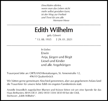 Traueranzeige von Edith Wilhelm von Neue Osnabrücker Zeitung GmbH & Co. KG