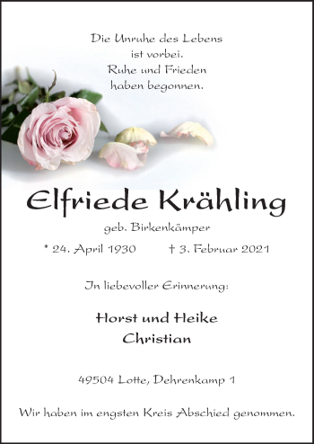 Traueranzeige von Elfriede Krähling von Neue Osnabrücker Zeitung GmbH & Co. KG
