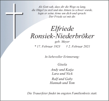 Traueranzeige von Elfriede Ronsiek-Niederbröker von Neue Osnabrücker Zeitung GmbH & Co. KG