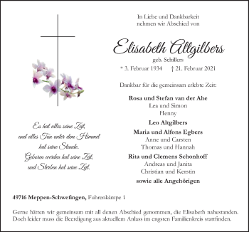 Traueranzeige von Elisabeth Altgilbers von Neue Osnabrücker Zeitung GmbH & Co. KG