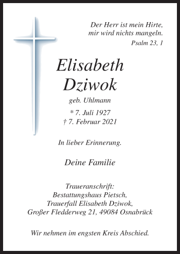 Traueranzeige von Elisabeth Dziwok von Neue Osnabrücker Zeitung GmbH & Co. KG