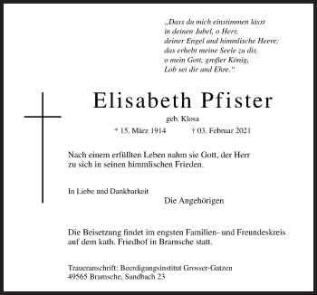 Traueranzeige von Elisabeth Pfister von Neue Osnabrücker Zeitung GmbH & Co. KG
