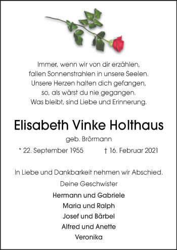 Traueranzeige von Elisabeth Vinke Holthaus von Neue Osnabrücker Zeitung GmbH & Co. KG