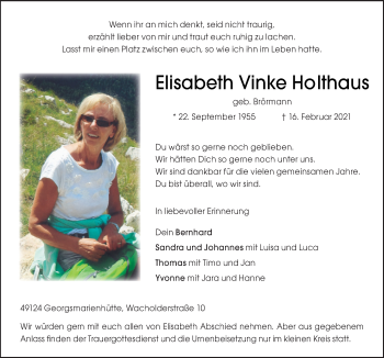 Traueranzeige von Elisabeth Vinke Holthaus von Neue Osnabrücker Zeitung GmbH & Co. KG