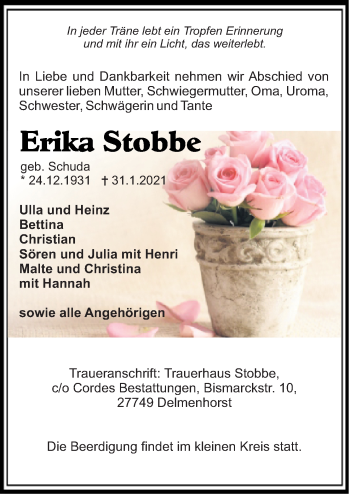 Traueranzeige von Erika Stobbe von Neue Osnabrücker Zeitung GmbH & Co. KG