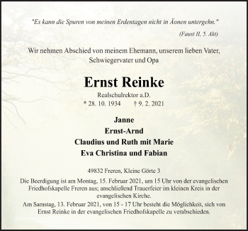 Traueranzeige von Ernst Reinke von Neue Osnabrücker Zeitung GmbH & Co. KG