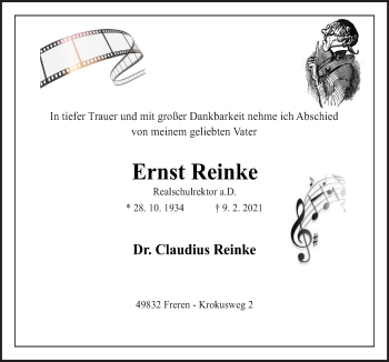 Traueranzeige von Ernst Reinke von Neue Osnabrücker Zeitung GmbH & Co. KG