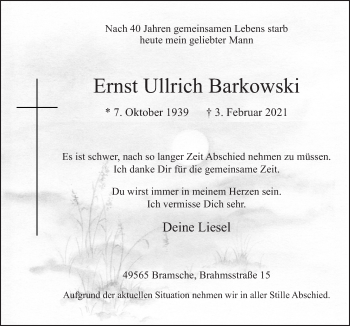 Traueranzeige von Ernst Ullrich Barkowski von Neue Osnabrücker Zeitung GmbH & Co. KG