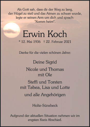 Traueranzeige von Erwin Koch von Neue Osnabrücker Zeitung GmbH & Co. KG