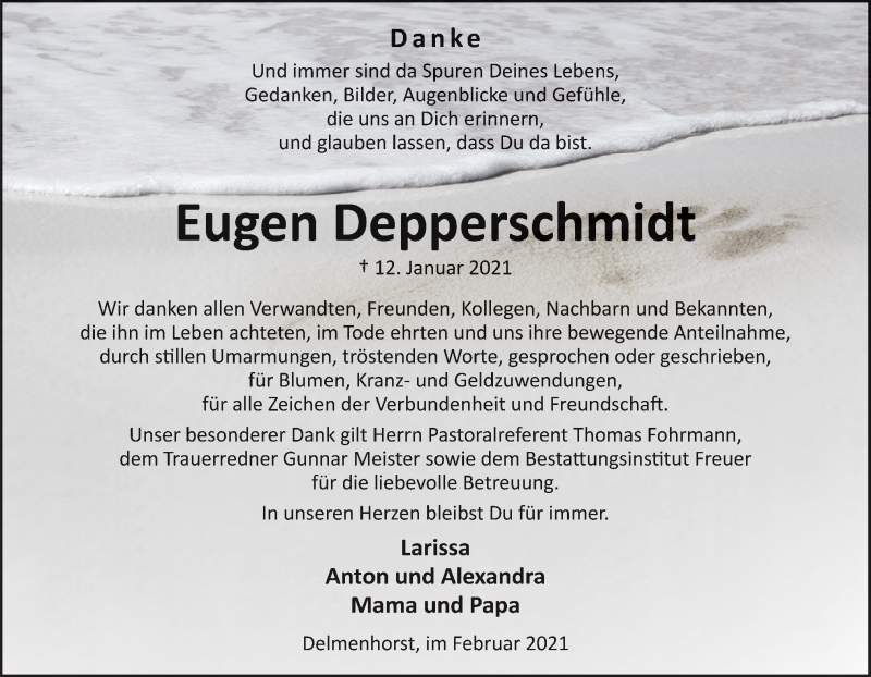  Traueranzeige für Eugen Depperschmidt vom 06.02.2021 aus Neue Osnabrücker Zeitung GmbH & Co. KG