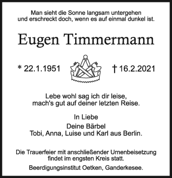Traueranzeige von Eugen Timmermann von Neue Osnabrücker Zeitung GmbH & Co. KG