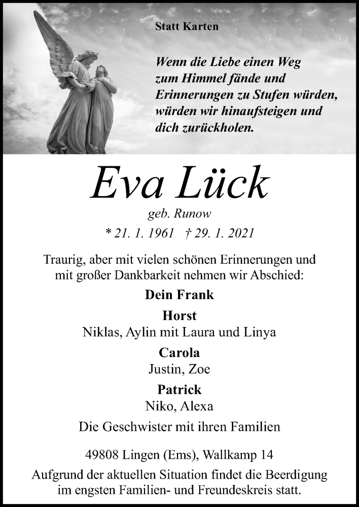  Traueranzeige für Eva Lück vom 02.02.2021 aus Neue Osnabrücker Zeitung GmbH & Co. KG