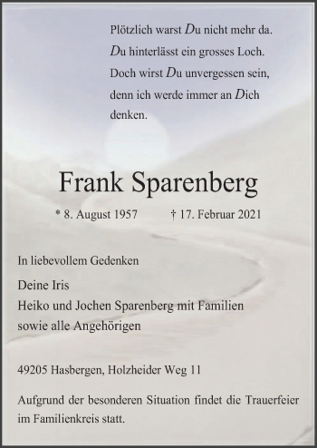 Traueranzeige von Frank Sparenberg von Neue Osnabrücker Zeitung GmbH & Co. KG