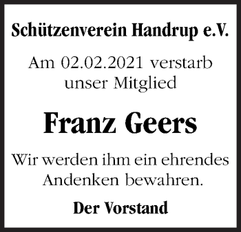 Traueranzeige von Franz Geers von Neue Osnabrücker Zeitung GmbH & Co. KG