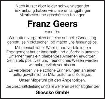 Traueranzeige von Franz Geers von Neue Osnabrücker Zeitung GmbH & Co. KG