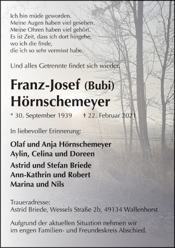 Traueranzeige von Franz-Josef Hörnschemeyer von Neue Osnabrücker Zeitung GmbH & Co. KG