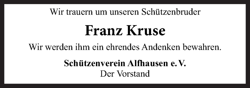  Traueranzeige für Franz Kruse vom 26.02.2021 aus Neue Osnabrücker Zeitung GmbH & Co. KG