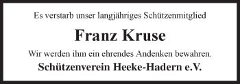 Traueranzeige von Franz Kruse von Neue Osnabrücker Zeitung GmbH & Co. KG