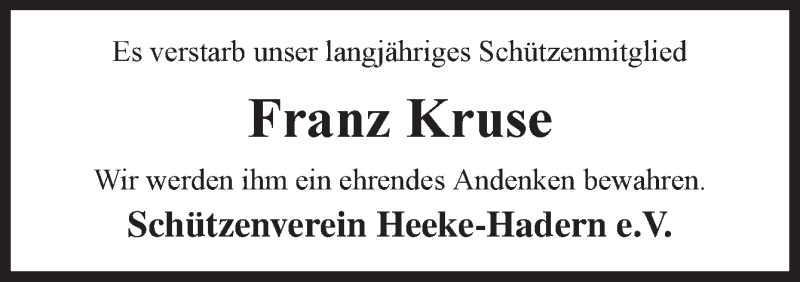  Traueranzeige für Franz Kruse vom 25.02.2021 aus Neue Osnabrücker Zeitung GmbH & Co. KG