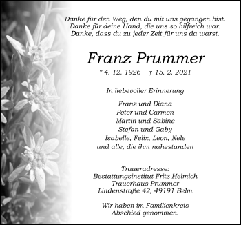 Traueranzeige von Franz Prummer von Neue Osnabrücker Zeitung GmbH & Co. KG