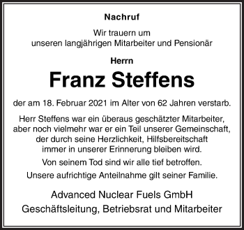 Traueranzeige von Franz Steffens von Neue Osnabrücker Zeitung GmbH & Co. KG
