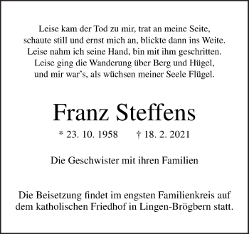Traueranzeige von Franz Steffens von Neue Osnabrücker Zeitung GmbH & Co. KG